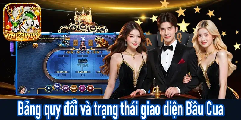 Bầu Cua với bảng quy đổi và trạng thái kết quả trên giao diện